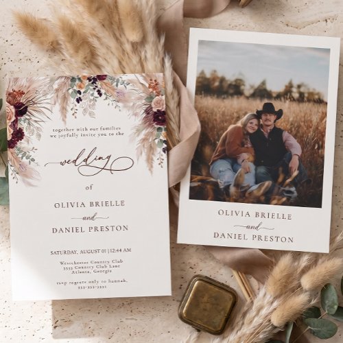 Western Boho Pampas Grass Terracotta Photo Wedding Invitation