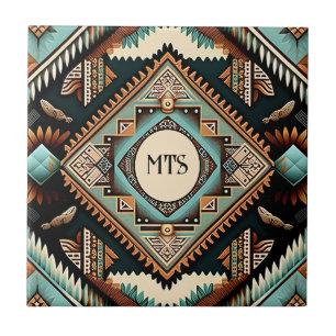 Western Boho Pattern Monogram Initials Ceramic Tile