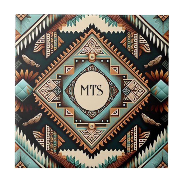 Western Boho Pattern Monogram Initials Ceramic Tile (Front)