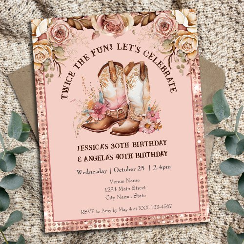 Western Boho Pink Floral Cowgirl Double Birthday Invitation