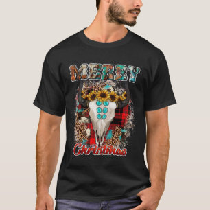 Western Boho Plaid Leopard Cow Bull Skull Merry Ch T-Shirt