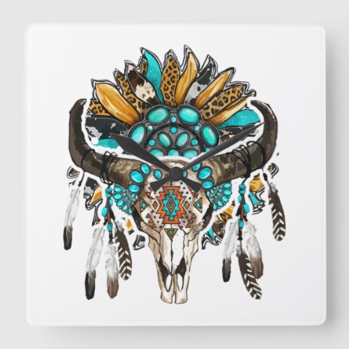 Western Boho Sunflowers Turquoise Cow Bull Skull Square Wall Clock