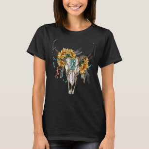 Western Boho Sunflowers Turquoise Cow Bull Skull  T-Shirt