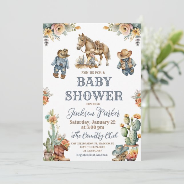 Western Boho Wild West Boy Baby Shower Party Invitation (Standing Front)