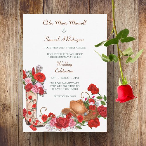 Western Boot Red Roses Wedding Invitation