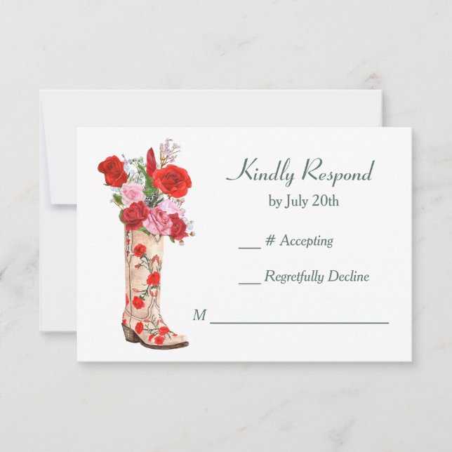 Western Boot Red Roses Wedding RSVP Card (Front)