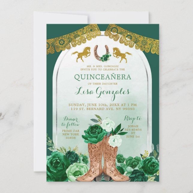 Western Boot Spanish Emerald Green Quinceañera Invitation (Front)