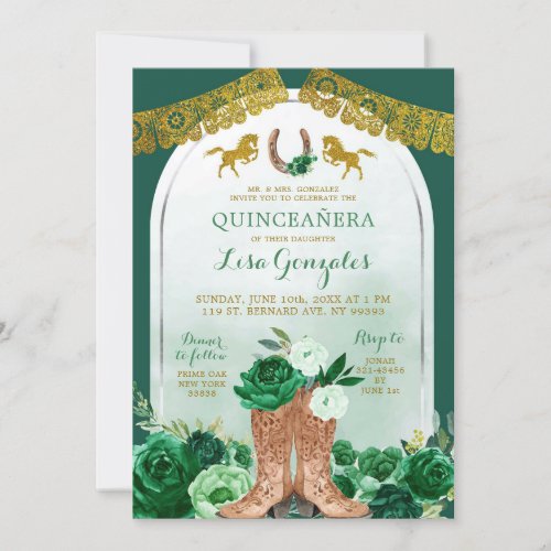 Western Boot Spanish Emerald Green Quinceaera Invitation