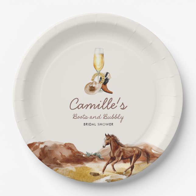 Western Boots and Bubbly Bridal Shower Paper Plates (Front)
