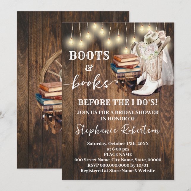 Western Boots & Books Before I do Bridal Shower Invitation (Front/Back)