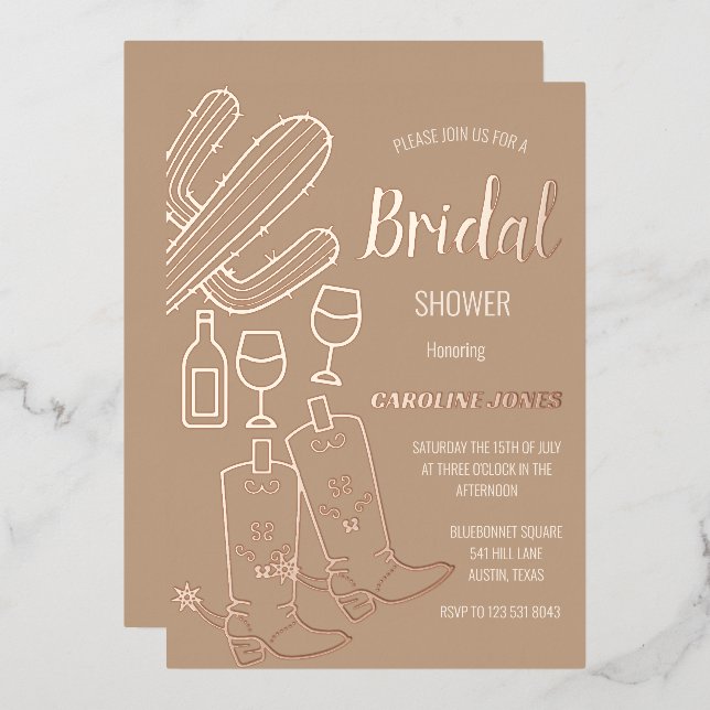 Western Boots Bubbly Boho Gold Foil Bridal Shower Foil Invitation (Front/Back)