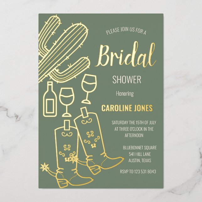Western Boots Bubbly Boho Gold Foil Bridal Shower Foil Invitation (Front)