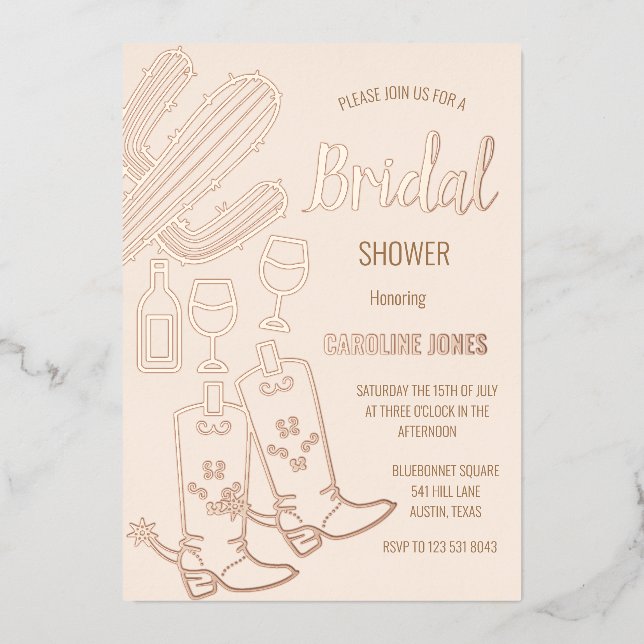 Western Boots Bubbly Boho Gold Foil Bridal Shower Foil Invitation (Front)