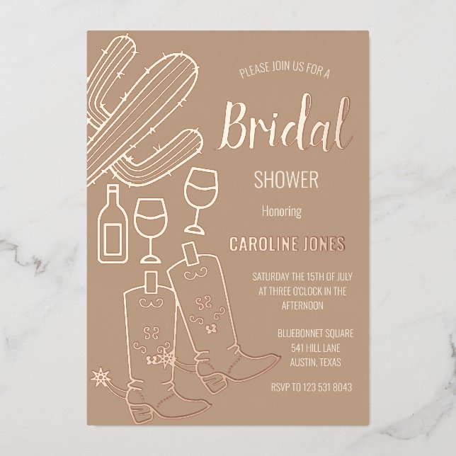 Western Boots Bubbly Boho Gold Foil Bridal Shower Invitation (Front)