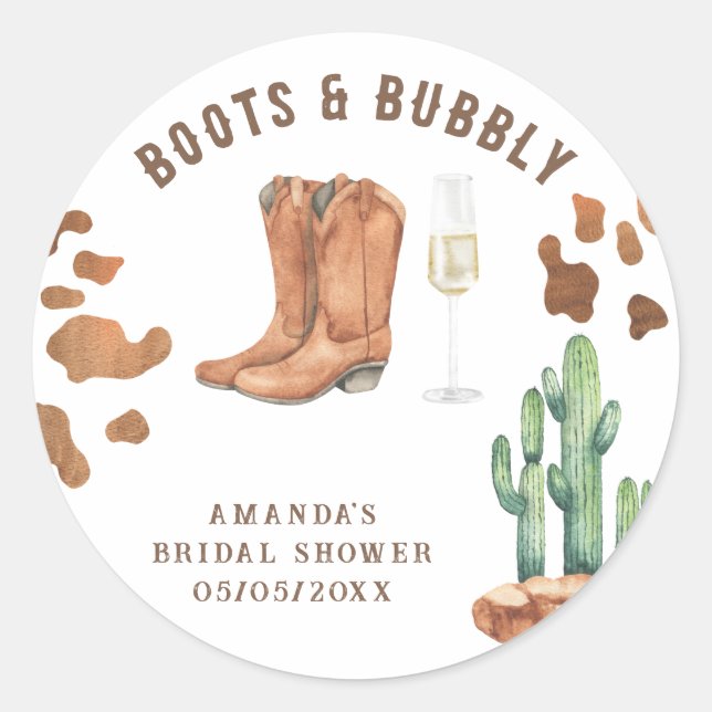 Western Boots & Bubbly Bridal shower  Classic Round Sticker (Front)