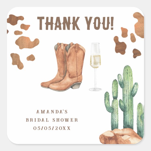 Western Boots & Bubbly Thank you Bridal shower  Square Sticker (Front)
