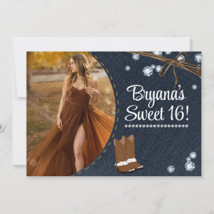 Western Boots Denim & Diamonds Birthday Photo Invitation