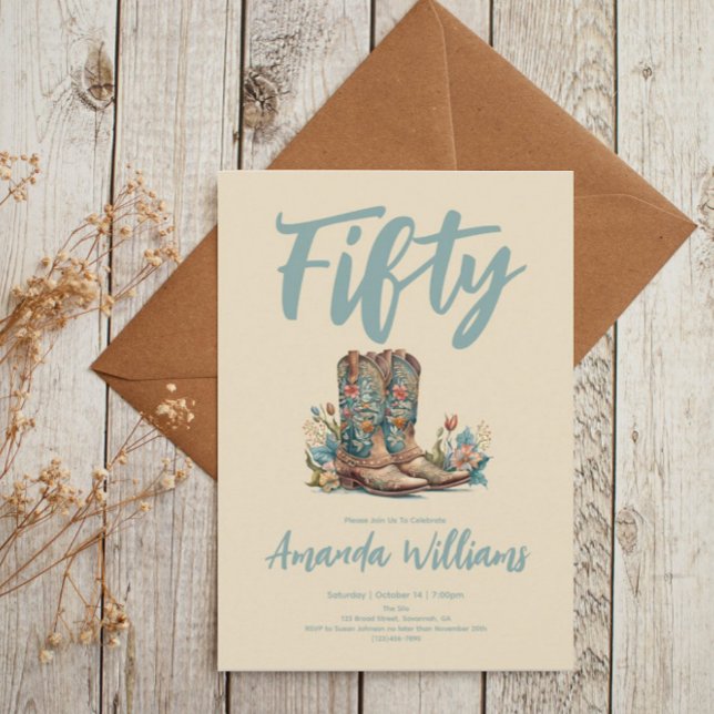 Western Boots Floral Fiftieth Birthday Invitation (Creator Uploaded)