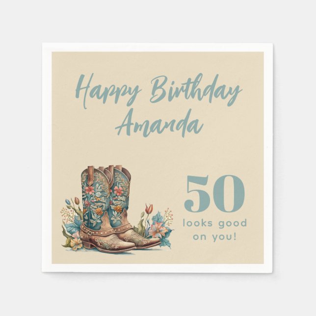 Western Boots Floral Fiftieth Birthday Napkins (Front)