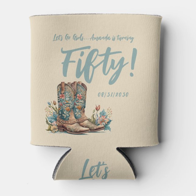 Western Boots Floral Fiftieth Birthday Party Can Cooler (Front)