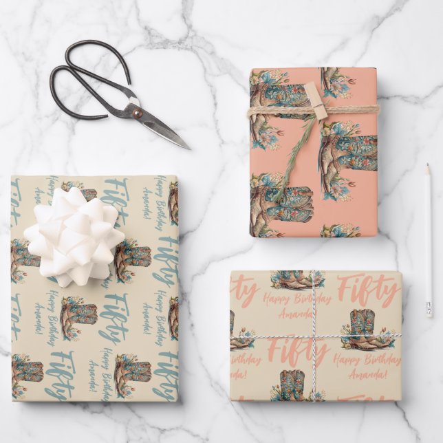 Western Boots Floral Fiftieth Birthday Wrapping Paper Sheets (Front)