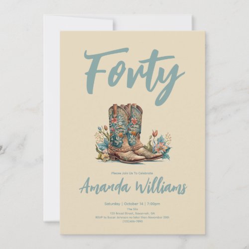 Western Boots Floral Fortieth Birthday Invitation