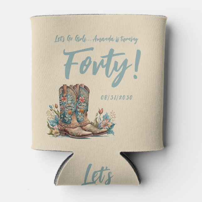Western Boots Floral Fortieth Birthday Party Can Cooler (Front)