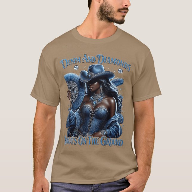 Western Boots Onhe Ground Denim and Diamonds Cowgi T-Shirt (Front)