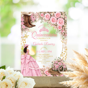 Western Boots Pink Roses Golden Quinceañera Acrylic Invitations