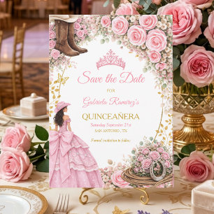 Western Boots Pink Roses Golden Quinceañera Save The Date