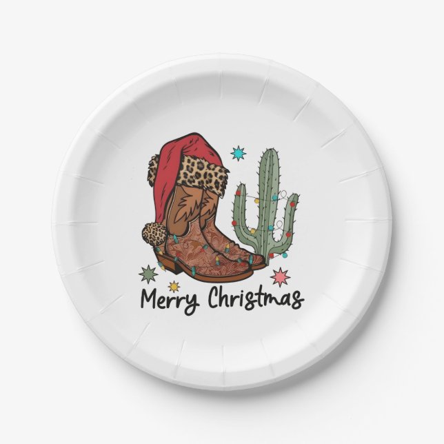 Western Boots Santa Merry Christmas Boots Xmas Paper Plates (Front)
