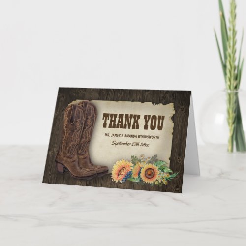 Western Boots Sunflower Wedding Thank You Cards