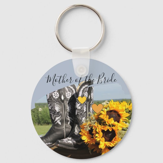 Western Boots Sunflowers Rustic Wedding Keychain (Front)