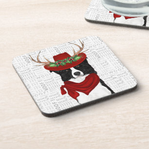 Western Border Collie with Woof Word Art Holiday Beverage Coaster