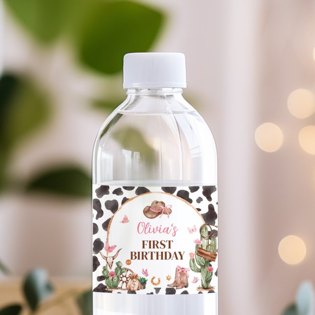 Western Bows Pink Cowgirl Birthday  Water Bottle Label (Creator Uploaded)
