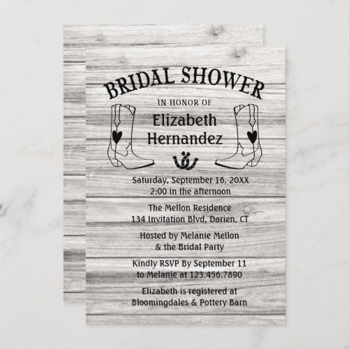 Western Bridal Shower Cowboy Boots Country Wood Invitation