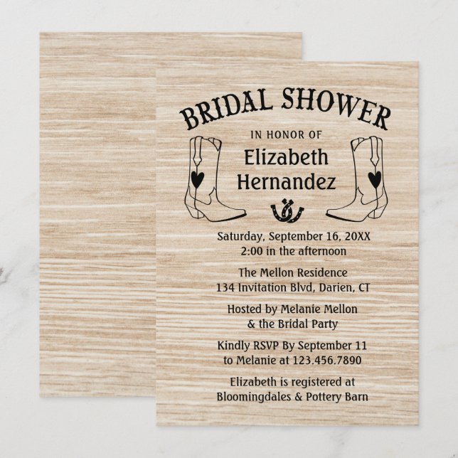 Western Bridal Shower Cowboy Boots Country Wood Invitation (Front/Back)