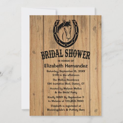 Western Bridal Shower Horse Horseshoe Brown Wood Invitation
