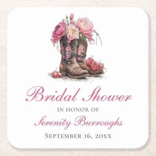 Western Bridal Shower Pink Peonies Cowboy Boots  Square Paper Coaster