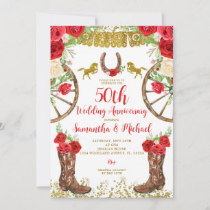 Western Bright Red Floral 50th Wedding Anniversary Invitation