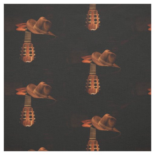 Western Bronze Cowboy Hat and Guitar Print Fabric