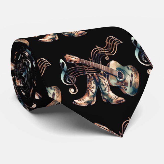 Western Bronze Music Theme Guitar and Boots Neck Tie (Rolled)