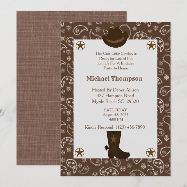  Western Brown Bandana Cowboy Birthday Party  Invitation (Front/Back)