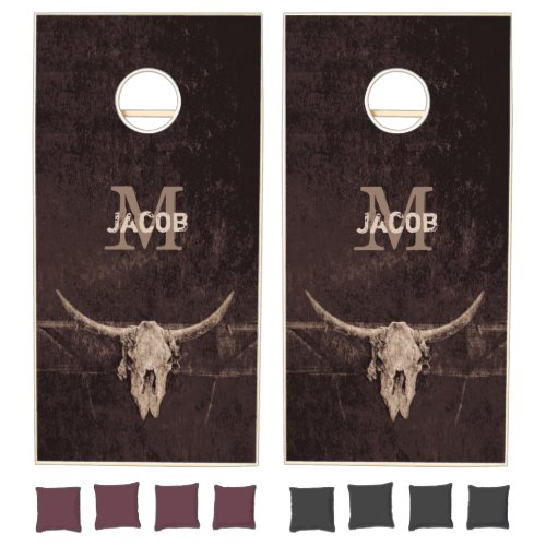 Western Brown Beige Old Rustic Bull Skull Monogram Cornhole Set