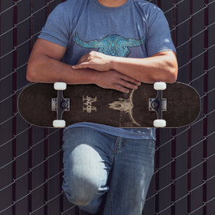 Western Brown Beige Old Rustic Bull Skull Monogram Skateboard