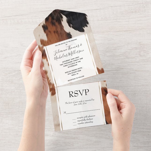Western Brown Black Cream Cowhide Wedding All In One Invitation (Tearaway)
