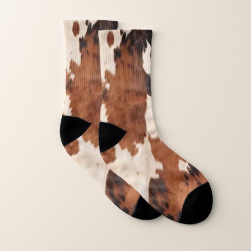 Western Brown Black White Cowhide Socks