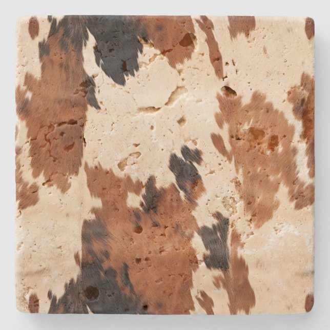 Western Brown Black White Cowhide Stone Coaster (Front)