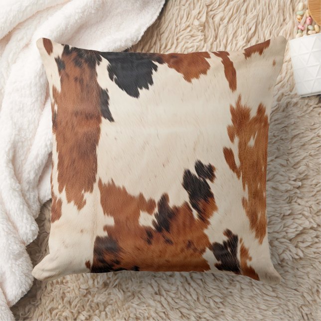 Western Brown Black White Cowhide Throw Pillow (Blanket)