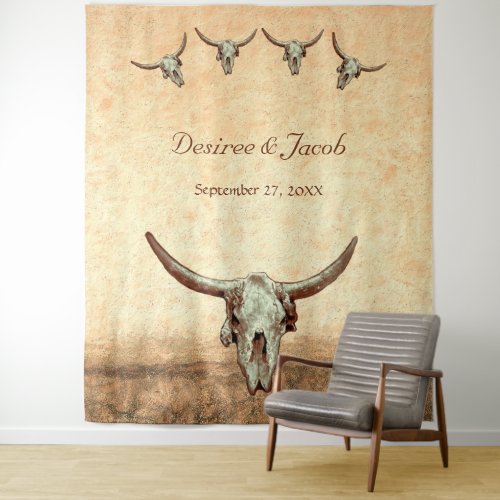 Western Brown Bull Skull Wedding Photo Booth Tapestry